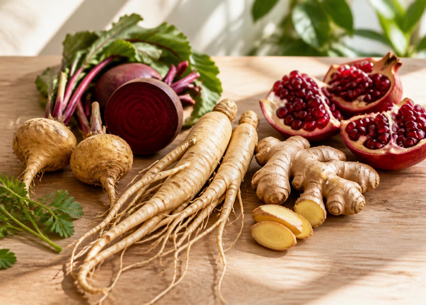 Fresh natural botanicals including ginseng root, maca, ginger and pomegranate on a wooden surface in natural daylight