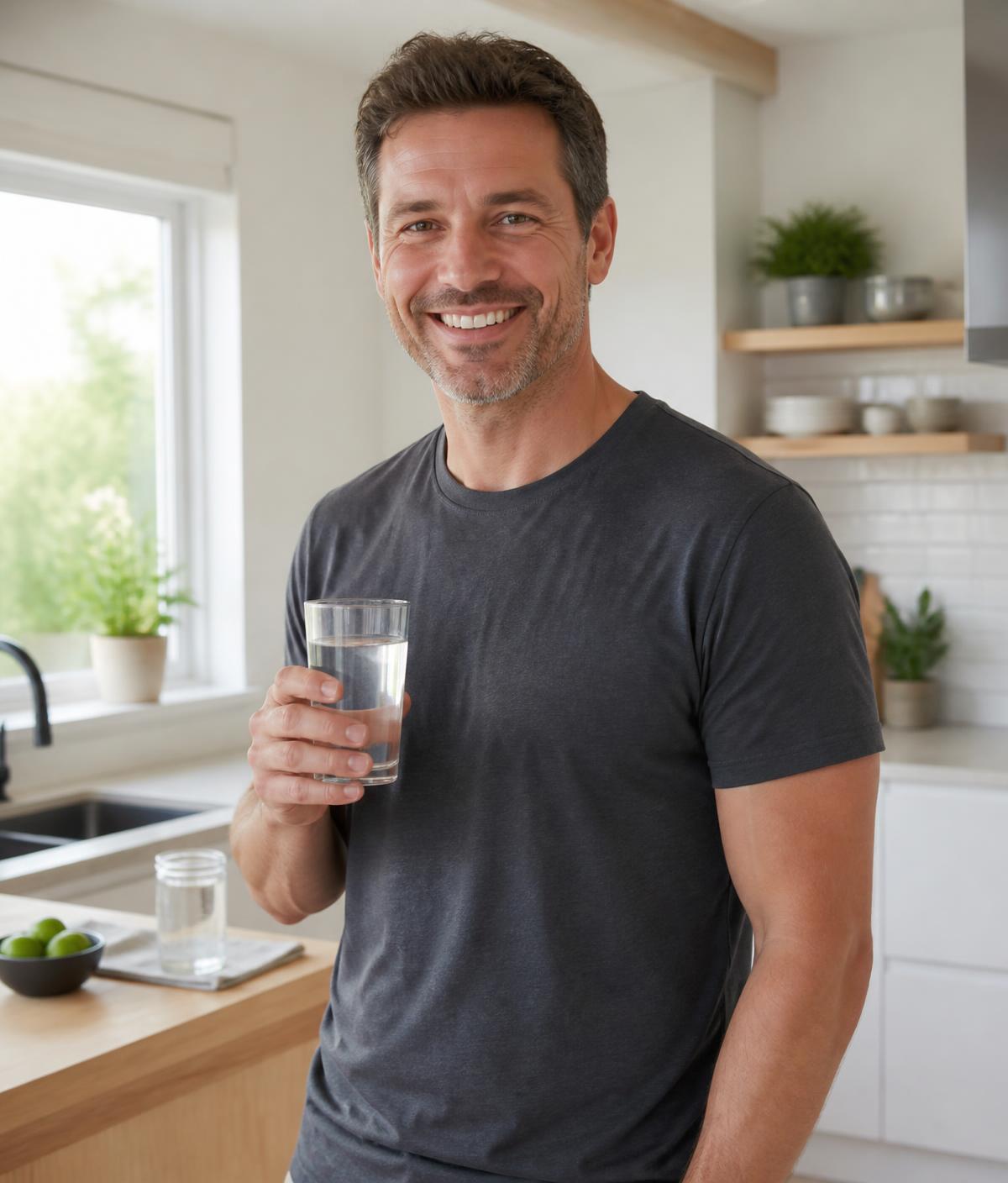 Confident adult man starting his healthy daily wellness routine at home
