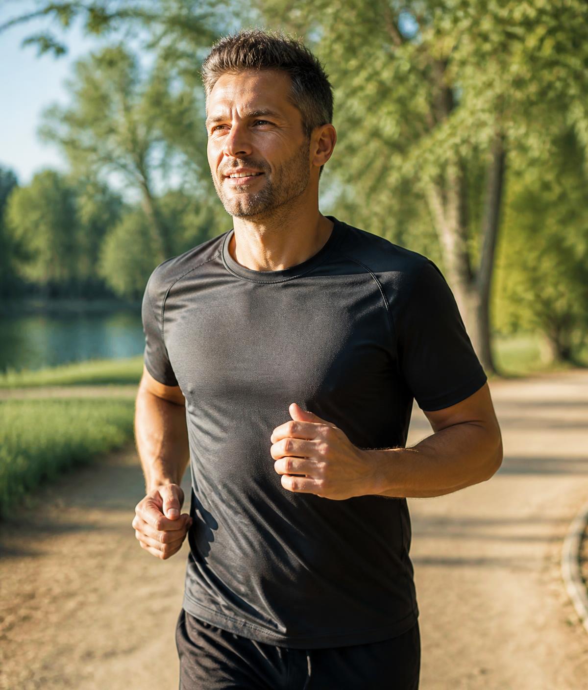 Adult man jogging outdoors on a park trail in morning light
