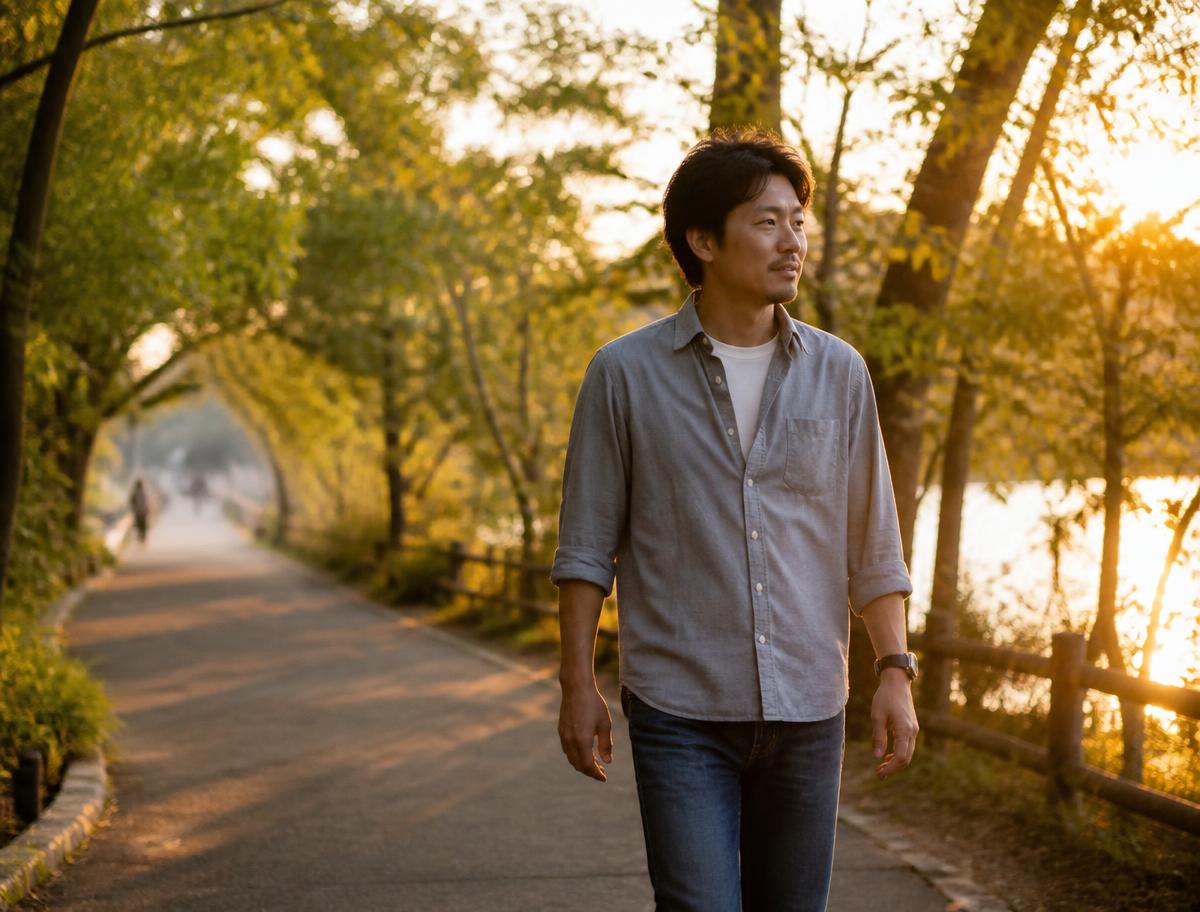 Man walking outdoors on a tree-lined path during golden hour